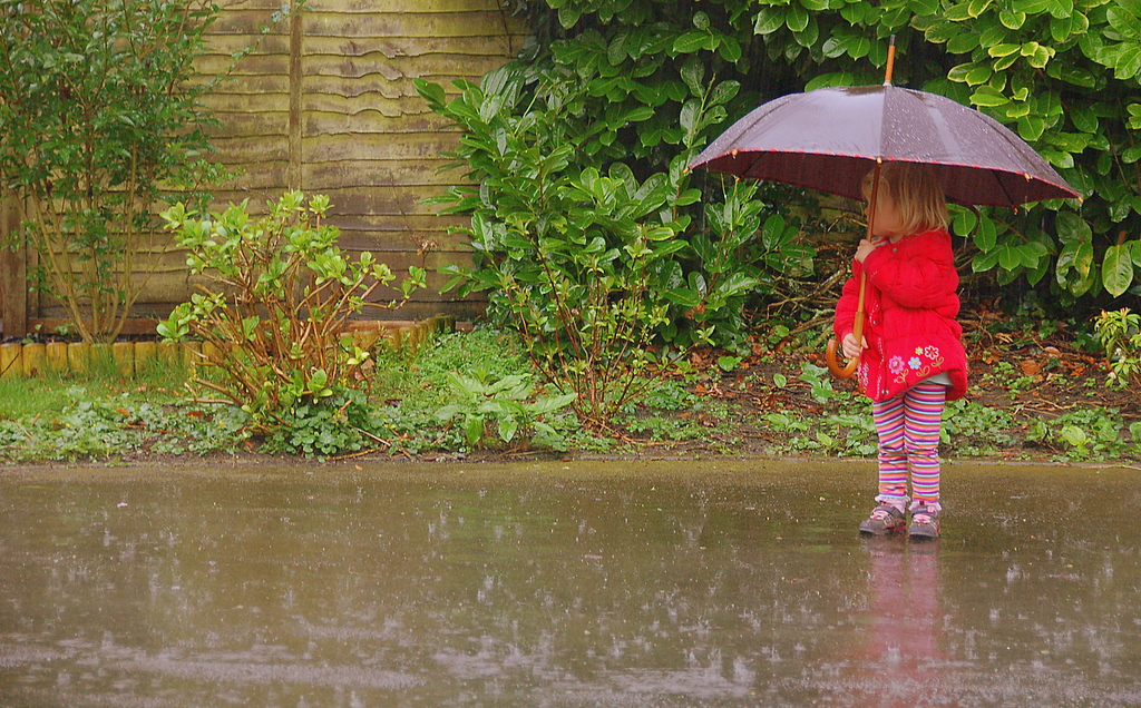 Image: A small girl holding an umbrella in the rain.