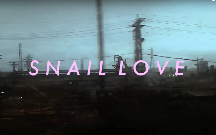 Image: The words "Snail Love" in pink over a drab grey city background.