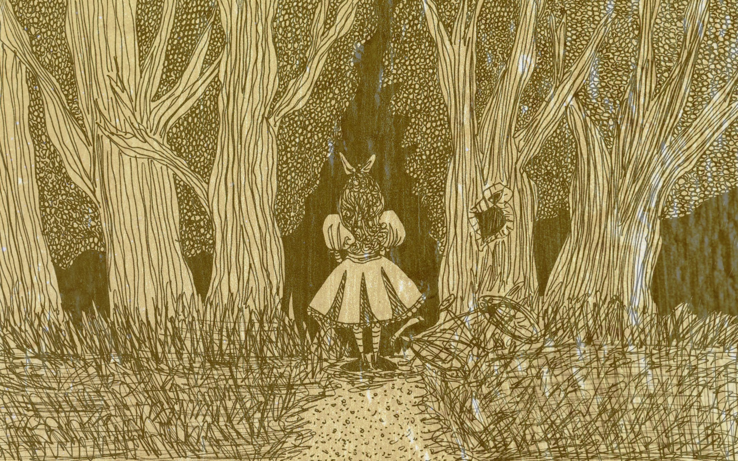Image: Art of a girl entering a dark forest.