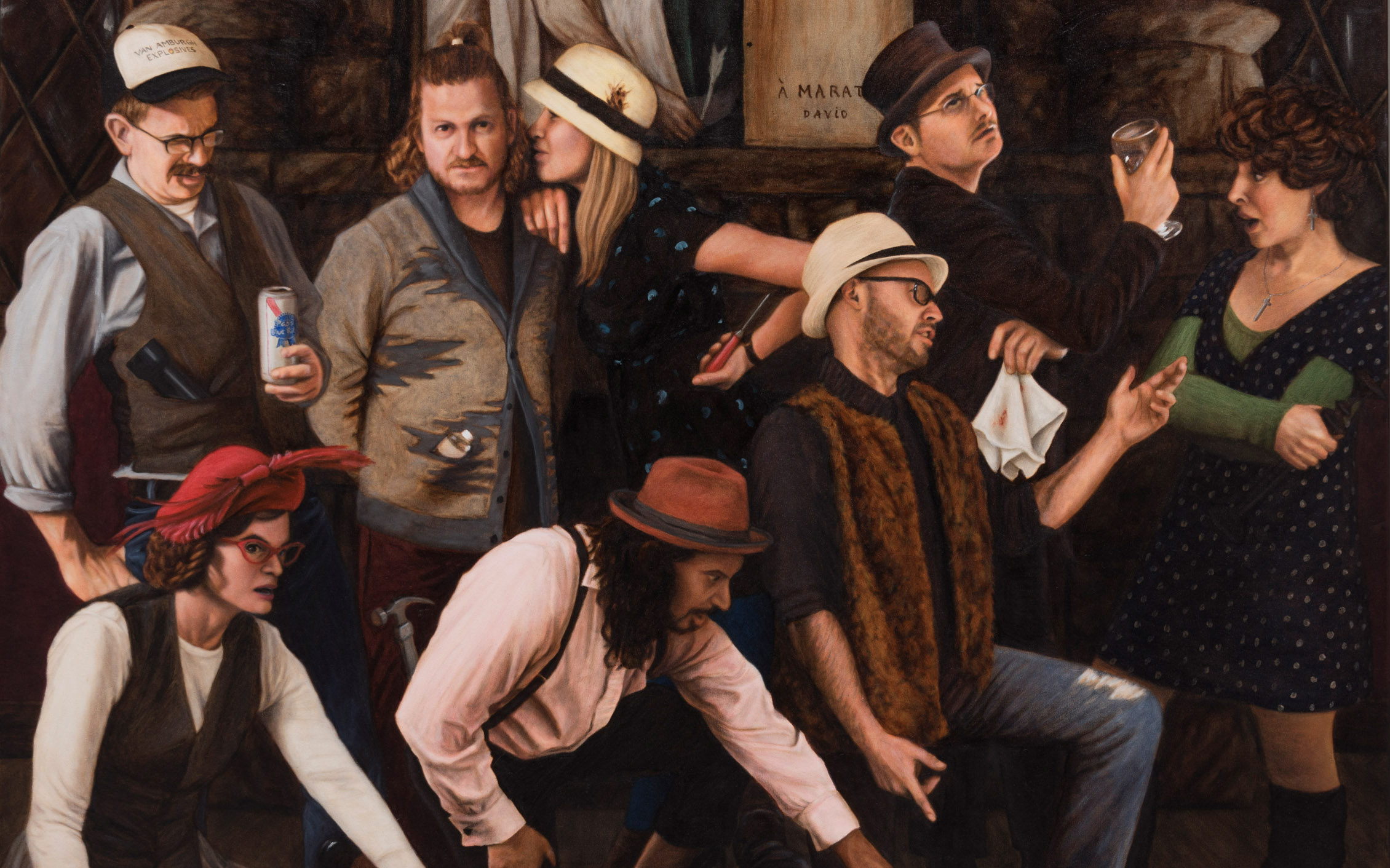 Image: Eight individuals, both males and females, at a bar in various poses and drinking.