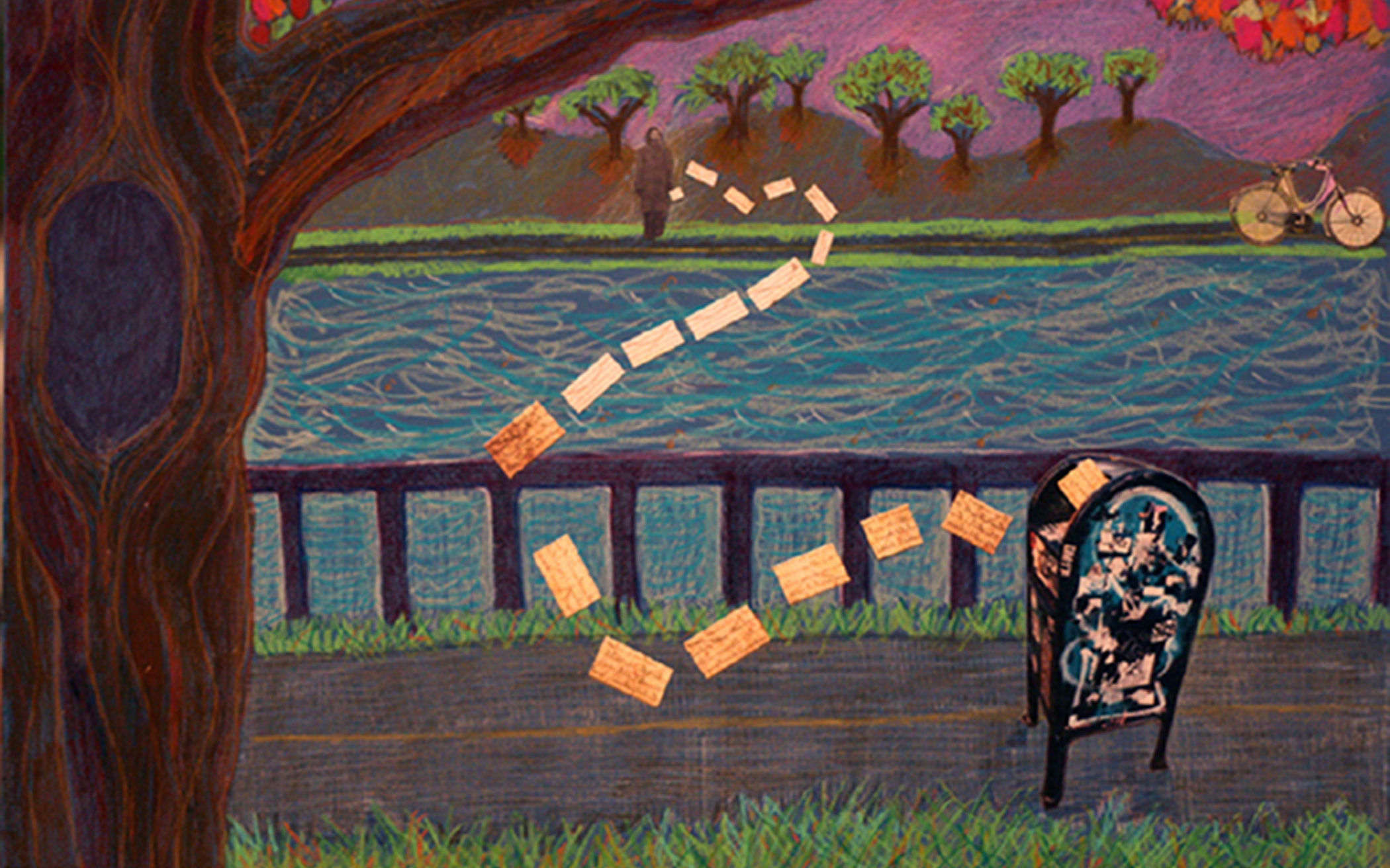 Image: A drawing of a man looking across a river at a mailbox. A trail of postcards reach from the man to the mail box. Titled, Requiem in 18 Notes