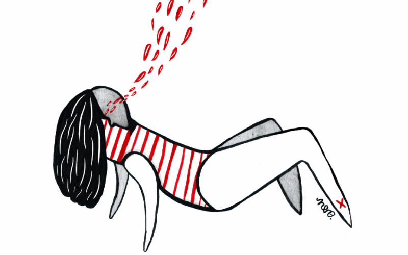 Image: Drawing of a figure on swim suit with blood teardrops trailing upward, sinking downward.
