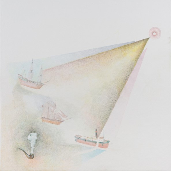 Pictured: A ray of sunlight depicting three ships and a pipe