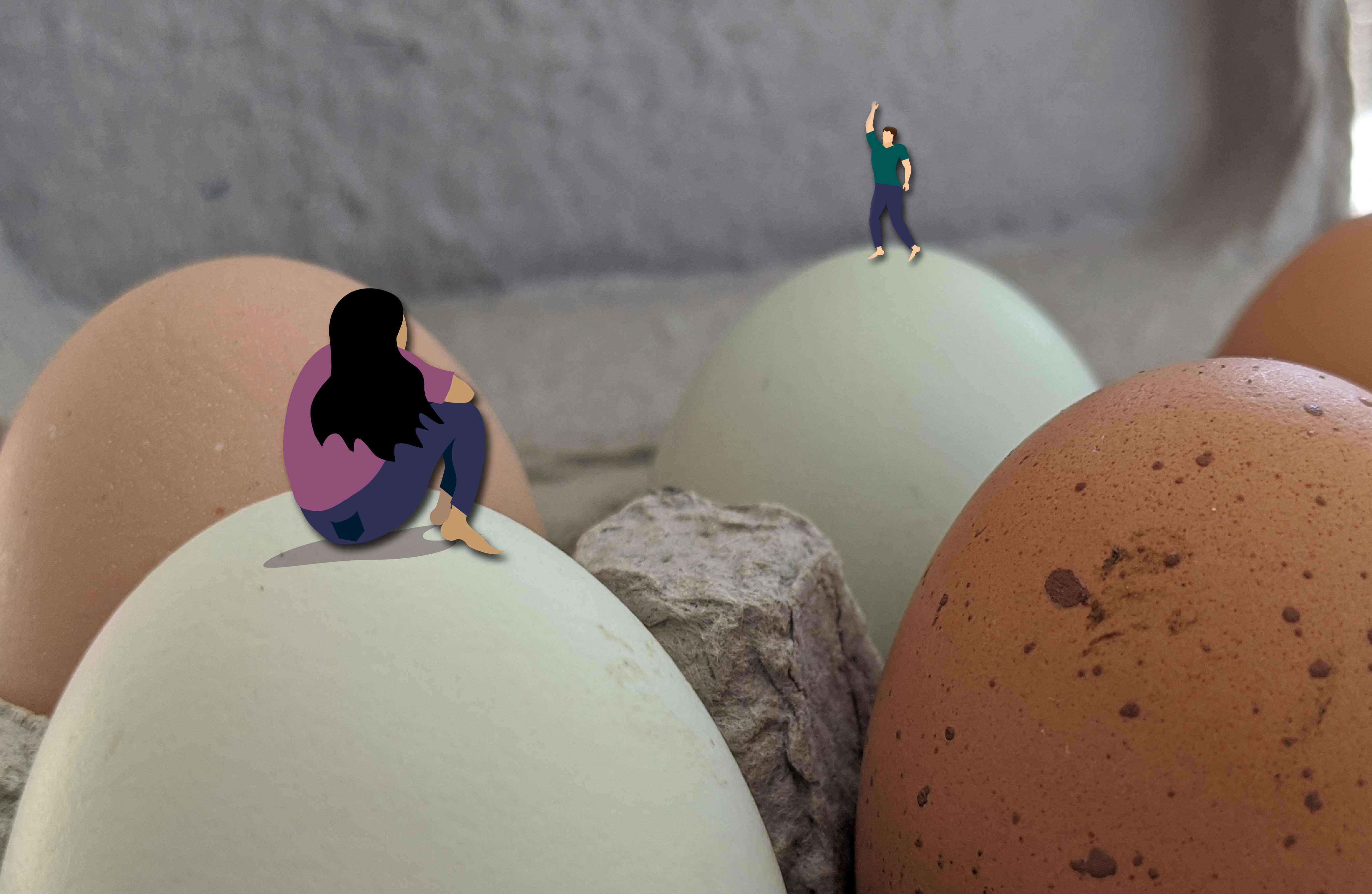 Collage style art depicting two tiny people waving at each other from separate eggs in a carton.