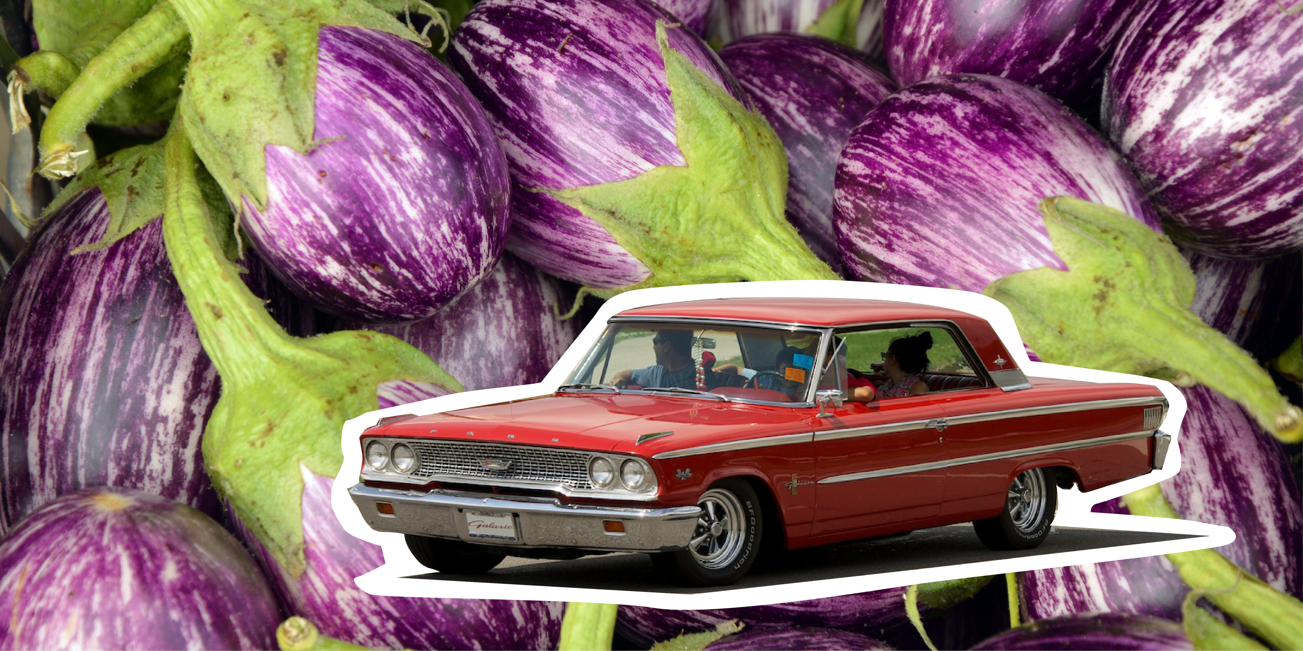 A red Cadillac drives through a background of eggpants.